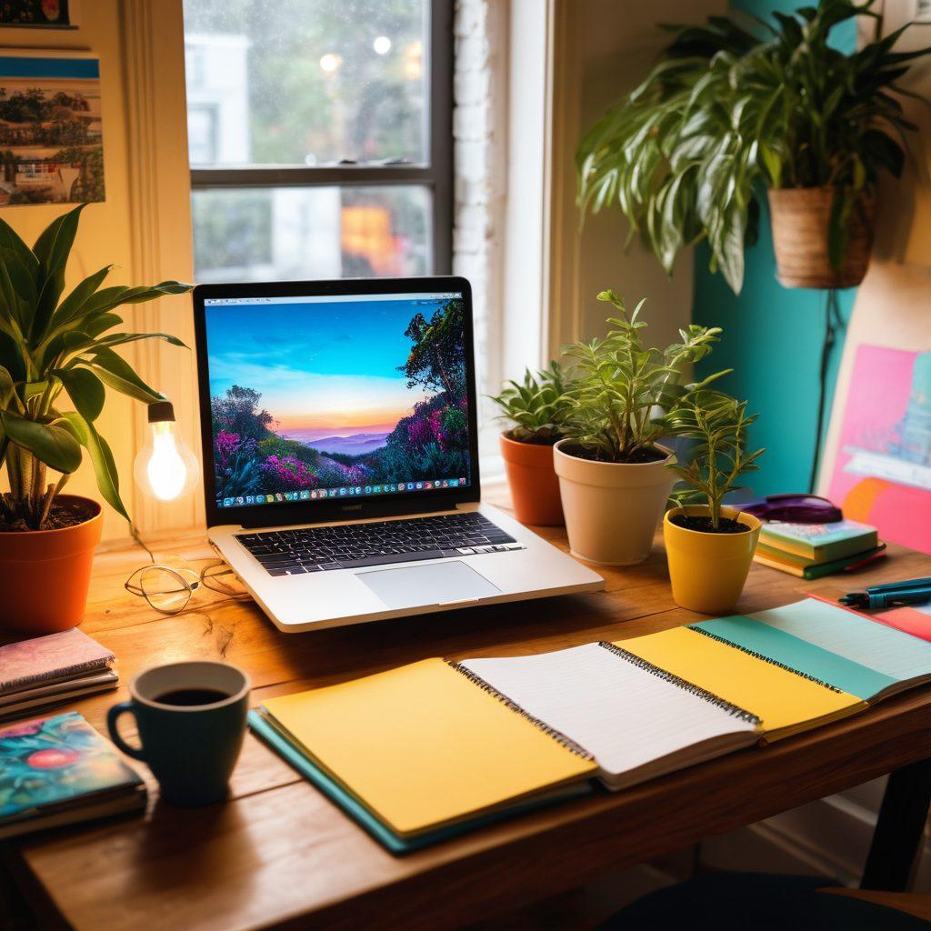 A vibrant and inspiring workspace filled with colorful notebooks, a laptop open to a blog editor, plants surrounding the area, and a steaming coffee cup. Include an illuminated light bulb overhead to symbolize ideas and creativity. A visually appealing laptop screen displaying a blog post draft in progress. super-realistic. vibrant colors. cozy atmosphere.