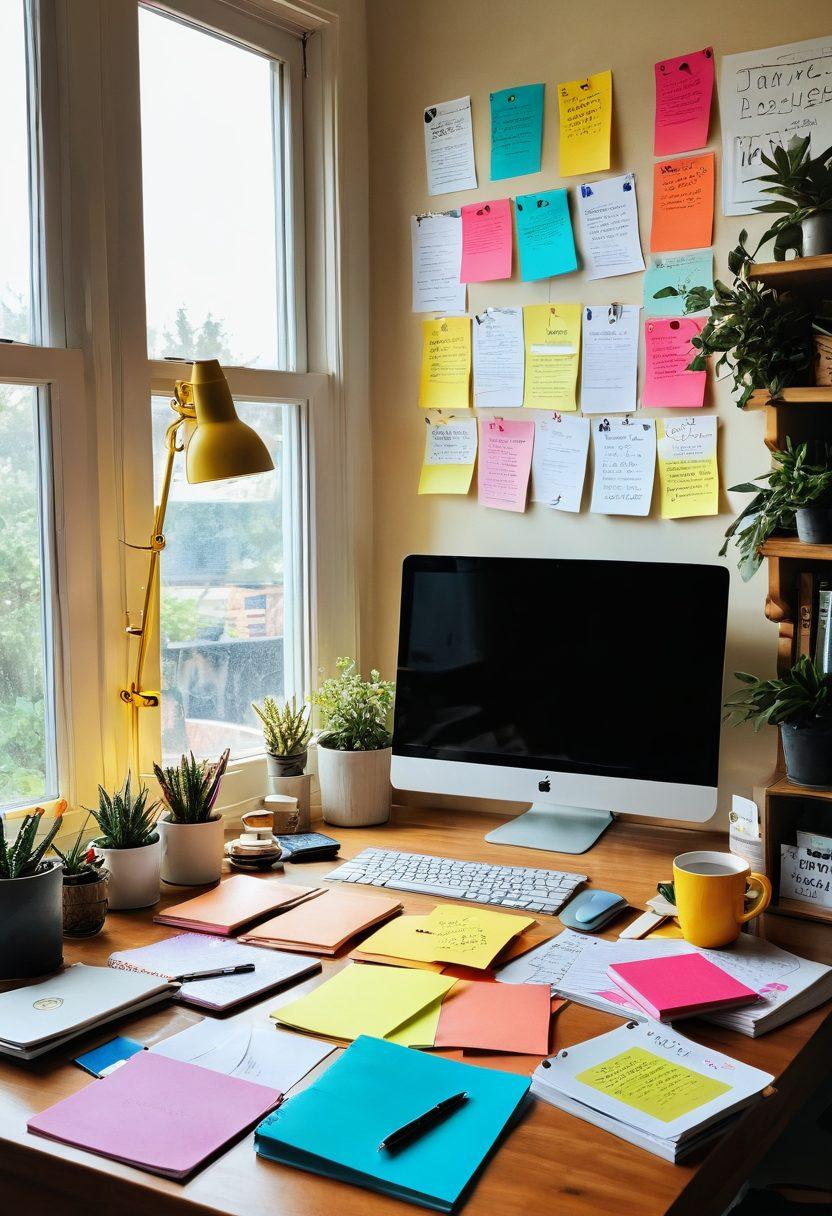 A vibrant and inspiring workspace featuring a stylish desk cluttered with journals, laptops, and colorful post-it notes. In the background, there are framed success stories and motivational quotes to symbolize growth. Sunlight streams through a window, illuminating a coffee cup that reads 'Dream Big'. The atmosphere should be creative and lively, conveying the transition from passion to profession. super-realistic. vibrant colors. natural light.
