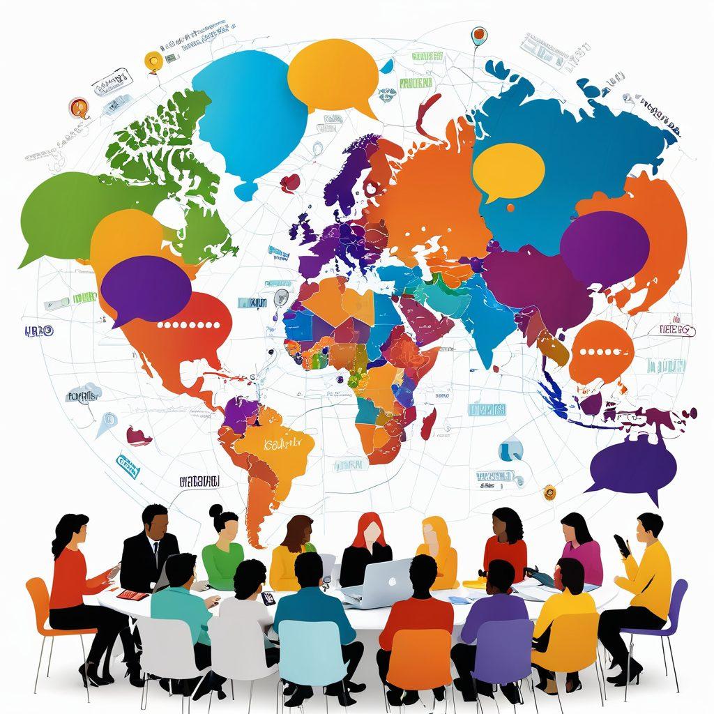 An inviting digital landscape showing a diverse group of people collaborating around a laptop, sharing ideas and resources. Include elements like speech bubbles with networking tips and blog icons, surrounded by vibrant colors that evoke a sense of community and growth. The background features a digital world map to signify global networking opportunities. super-realistic. vibrant colors. white background.